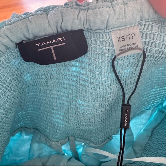 T Tahari Eyelet Midi Dress Blue Off-Shoulder Smocked Bodice Tiered NWT Sz XS - Picture 7 of 15